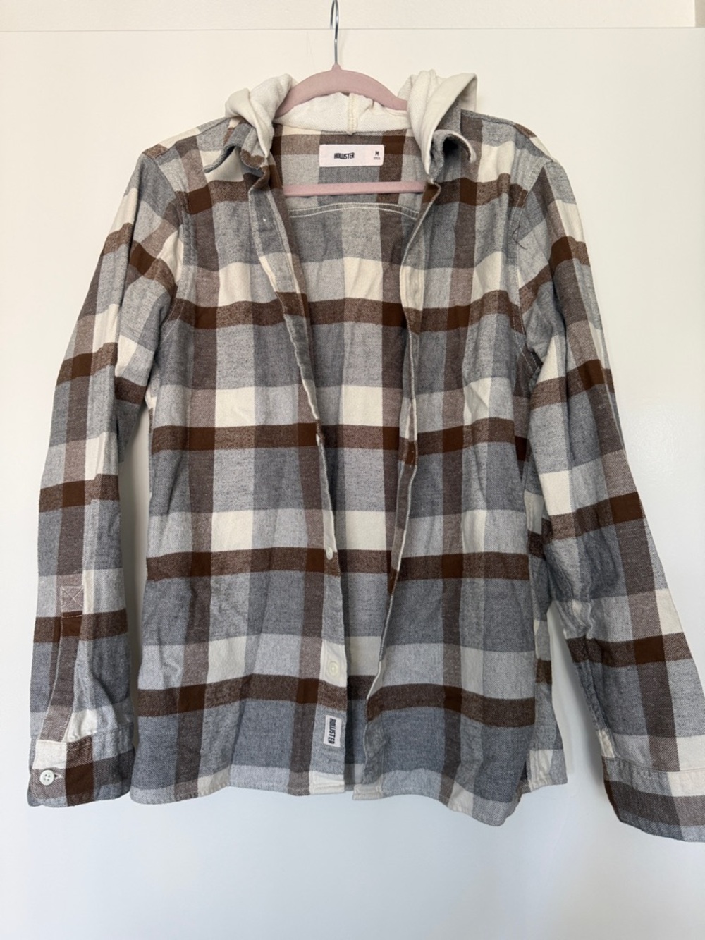 Hollister Hooded Plaid Flannel Shirt - Cream, Gray & Brown